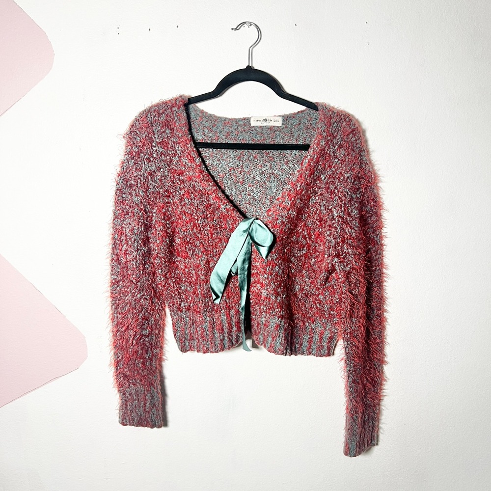 Natural Life Cardigan Sweater Women's L/XL Red Eyelash Knit Cropped Bow